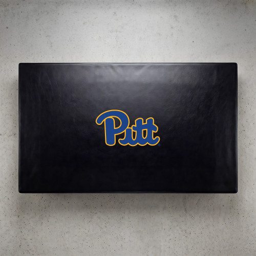 Pittsburgh Panthers pool table cover shown from above, featuring a black cover design with the blue and gold Pitt logo centered on the surface. This NCAA billiard table cover is designed to protect the table while showcasing University of Pittsburgh team pride.