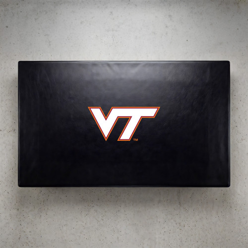 Virginia Tech Hokies pool table cover shown from above, featuring a black cover design with the maroon and orange Virginia Tech “VT” logo centered on the surface. This NCAA billiard table cover is designed to protect the table while showcasing Virginia Tech team pride.