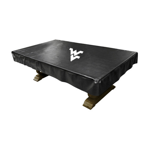 West Virginia Mountaineers black pool table cover displayed on a billiard table, featuring the white West Virginia “WV” logo centered on top. This custom NCAA table cover helps protect the pool table surface while adding Mountaineers team spirit to a game room, fan cave, pool room, or entertainment space.