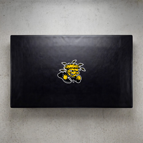 Wichita State Shockers pool table cover shown from above, featuring a black cover design with the yellow and black Wichita State Shockers logo centered on the surface. This NCAA billiard table cover is designed to protect the table while showcasing Wichita State University team pride.