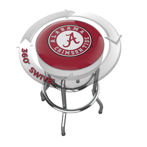 Top view of the Alabama Crimson Tide chrome bar stool, showing the 360-degree swivel seat feature of the round seat with the University of Alabama logo and Crimson Tide team branding. This team-themed stool adds Alabama pride to a home bar, game room, or fan cave.
