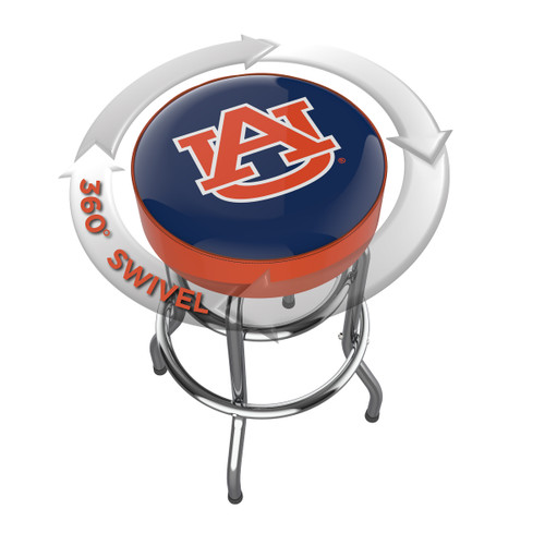 Auburn Tigers chrome bar stool shown from above, featuring the round team logo seat and a 360-degree swivel design. This Auburn bar stool adds team pride and functional seating to a home bar, game room, fan cave, or pool room.