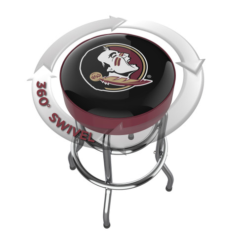Florida State Seminoles chrome bar stool shown from above, featuring the round team logo seat and a 360-degree swivel design. This FSU bar stool adds Seminoles team pride and functional seating to a home bar, game room, fan cave, or pool room.