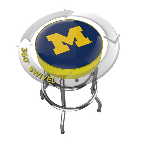 Michigan Wolverines chrome bar stool shown from above, featuring the round team logo seat and a 360-degree swivel design. This Michigan bar stool adds Wolverines team pride and functional seating to a home bar, game room, fan cave, or pool room.