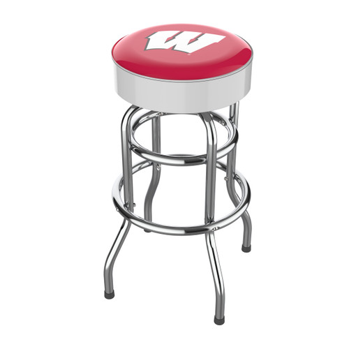 Wisconsin Badgers 30" chrome bar stool featuring a round red and white team logo seat with shiny chrome legs and footrest. This NCAA bar stool is a great seating option for a fan cave, game room, bar area, pool room, or entertainment space.