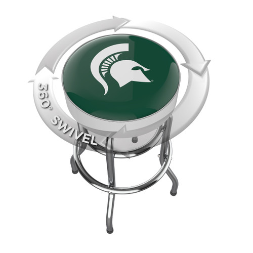 Michigan State Spartans chrome bar stool shown from above, featuring the round team logo seat and a 360-degree swivel design. This MSU bar stool adds Spartans team pride and functional seating to a home bar, game room, fan cave, or pool room.