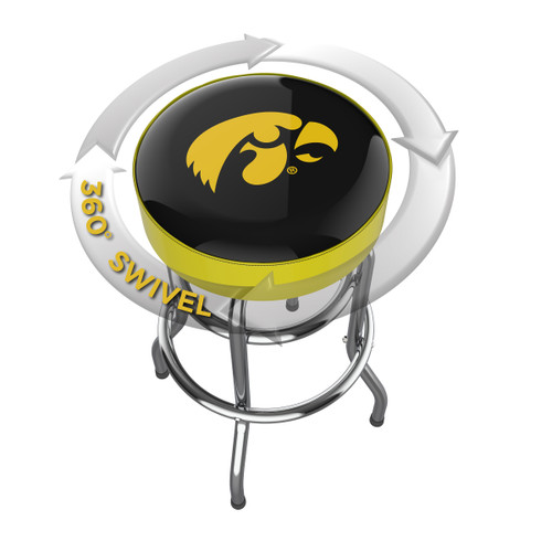 Iowa Hawkeyes chrome bar stool shown from above, featuring the round team logo seat and a 360-degree swivel design. This Iowa bar stool adds Hawkeyes team pride and functional seating to a home bar, game room, fan cave, or pool room.