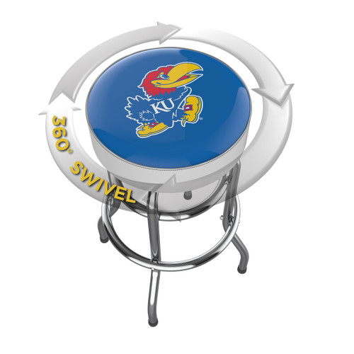 Kansas Jayhawks chrome bar stool shown from above, featuring the round team logo seat and a 360-degree swivel design. This Kansas bar stool adds Jayhawks team pride and functional seating to a home bar, game room, fan cave, or pool room.
