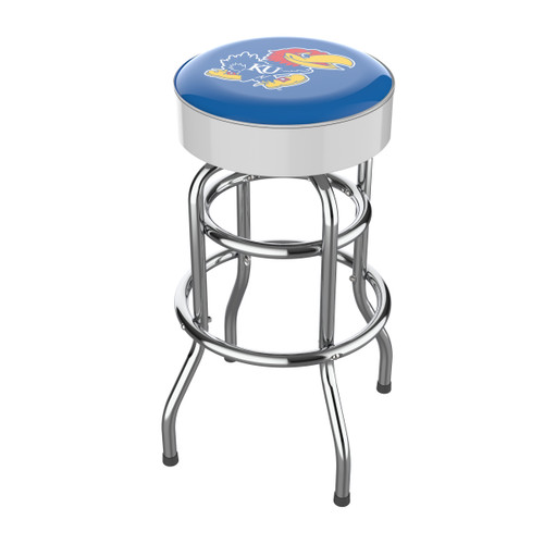 Kansas Jayhawks 30" chrome bar stool featuring a round blue team logo seat with shiny chrome legs and footrest. This NCAA bar stool is a great seating option for a fan cave, game room, bar area, pool room, or entertainment space.