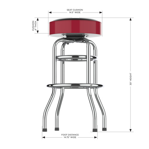 Side view of the Arkansas Razorbacks 30" chrome bar stool, highlighting the round padded seat, polished chrome frame, curved legs, footrest, and stool height. This NCAA team bar stool is designed for sports-themed seating in a game room, bar area, or entertainment space.