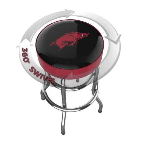 Arkansas Razorbacks chrome bar stool shown from above, featuring the round team logo seat and a 360-degree swivel design. This Arkansas bar stool adds Razorbacks team pride and functional seating to a home bar, game room, fan cave, or pool room.