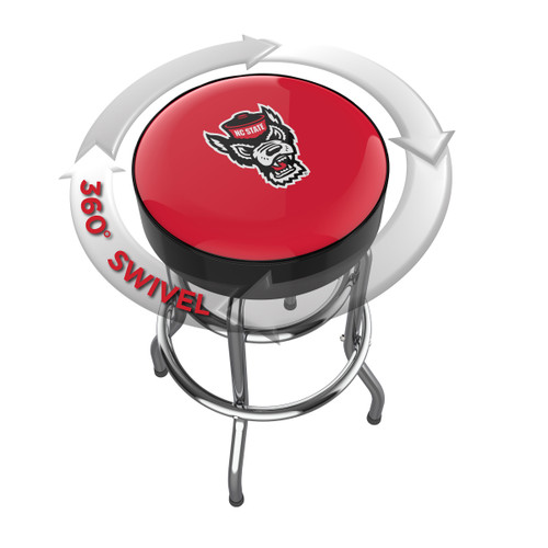 North Carolina State Wolfpack chrome bar stool shown from above, featuring the round team logo seat and a 360-degree swivel design. This NC State bar stool adds Wolfpack team pride and functional seating to a home bar, game room, fan cave, or pool room.