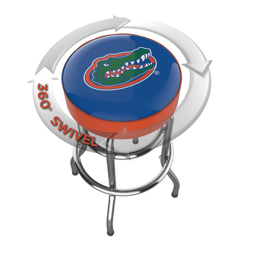 Florida Gators chrome bar stool shown from above, featuring the round team logo seat and a 360-degree swivel design. This Florida bar stool adds Gators team pride and functional seating to a home bar, game room, fan cave, or pool room.