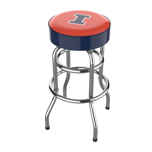 Illinois Fighting Illini 30" chrome bar stool featuring a round orange and navy team logo seat with shiny chrome legs and footrest. This NCAA bar stool is a great seating option for a fan cave, game room, bar area, pool room, or entertainment space.
