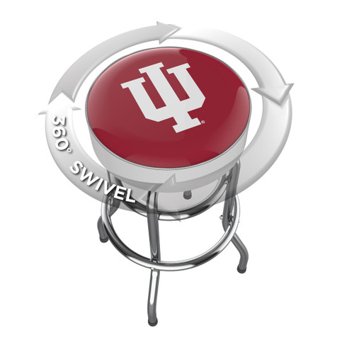 Indiana Hoosiers chrome bar stool shown from above, featuring the round team logo seat and a 360-degree swivel design. This Indiana bar stool adds Hoosiers team pride and functional seating to a home bar, game room, fan cave, or pool room.
