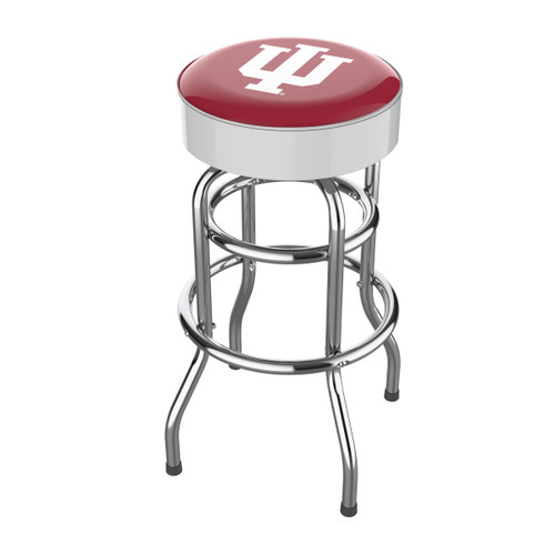 Indiana Hoosiers 30" chrome bar stool featuring a round crimson and white team logo seat with shiny chrome legs and footrest. This NCAA bar stool is a great seating option for a fan cave, game room, bar area, pool room, or entertainment space.
