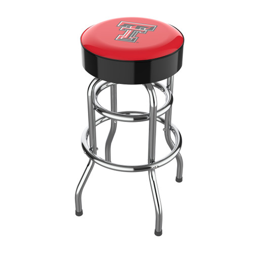 Texas Tech Red Raiders 30" chrome bar stool featuring a round red and black team logo seat with shiny chrome legs and footrest. This NCAA bar stool is a great seating option for a fan cave, game room, bar area, pool room, or entertainment space.