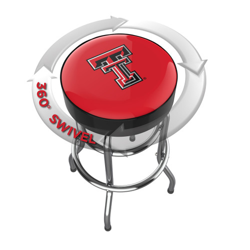 Texas Tech Red Raiders chrome bar stool shown from above, featuring the round team logo seat and a 360-degree swivel design. This Texas Tech bar stool adds Red Raiders team pride and functional seating to a home bar, game room, fan cave, or pool room.