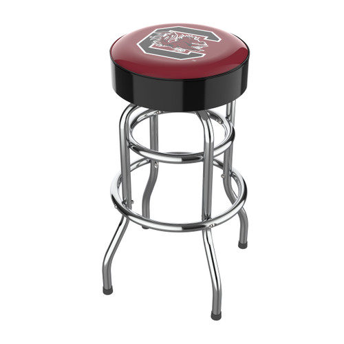 South Carolina Gamecocks 30" chrome bar stool featuring a round garnet, black, and white team logo seat with shiny chrome legs and footrest. This NCAA bar stool is a great seating option for a fan cave, game room, bar area, pool room, or entertainment space.