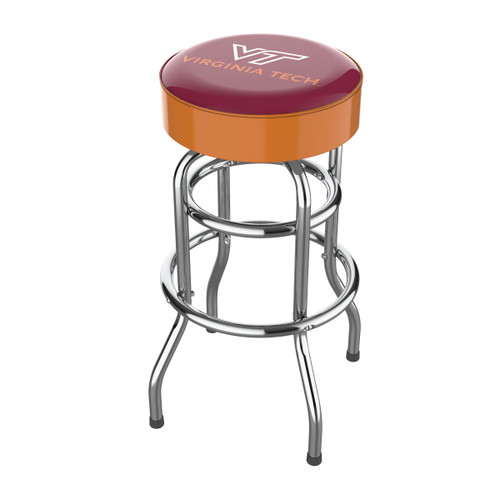 Virginia Tech Hokies 30" chrome bar stool featuring a round maroon and orange team logo seat with shiny chrome legs and footrest. This NCAA bar stool is a great seating option for a fan cave, game room, bar area, pool room, or entertainment space.