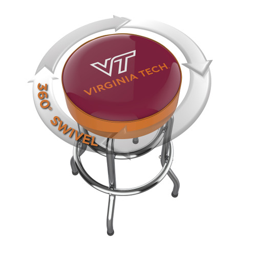 Virginia Tech Hokies chrome bar stool shown from above, featuring the round team logo seat and a 360-degree swivel design. This Virginia Tech bar stool adds Hokies team pride and functional seating to a home bar, game room, fan cave, or pool room.