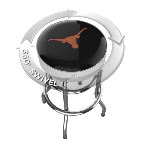 Texas Longhorns chrome bar stool shown from above, featuring the round team logo seat and a 360-degree swivel design. This Texas bar stool adds Longhorns team pride and functional seating to a home bar, game room, fan cave, or pool room.