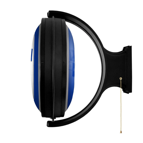 Side view of the Air Force Academy Falcons rotating lighted wall sign, showing the depth of the round black housing, curved rotating support, mounting bracket, and pull chain.