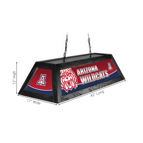 Alternate angled view of the Arizona Wildcats 42-inch hanging pool table light, showing the team-branded side panels, black fixture frame, suspension chains, and overall dimensions.