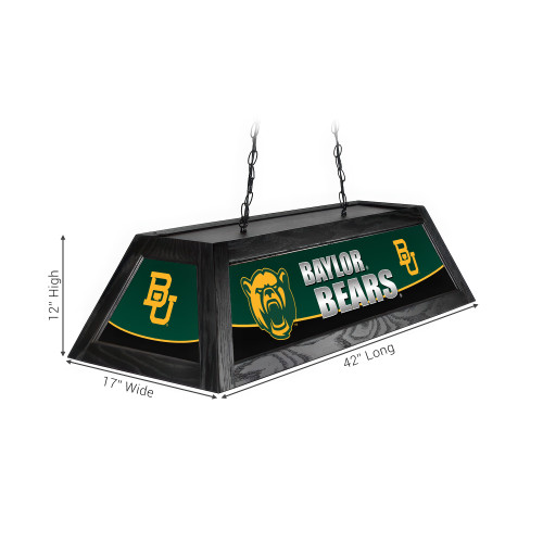 Alternate angled view of the Baylor Bears 42-inch hanging pool table light, showing the team-branded decorative panels, black fixture frame, suspension chains, and product dimension markings.