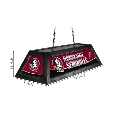 Alternate angled view of the Florida State Seminoles 42-inch hanging pool table light, showing the team-branded decorative panels, black fixture frame, suspension chains, and product dimension markings.