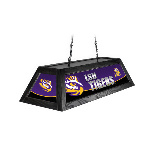Alternate angled view of the LSU Tigers 42-inch hanging pool table light, showing the team-branded decorative panels, black fixture frame, suspension chains, and product dimension markings.