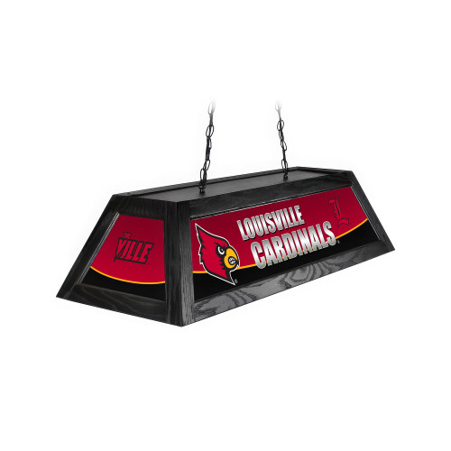 Angled product view of the Louisville Cardinals 42-inch hanging billiard table light, featuring a black frame, red-and-black team graphics, Cardinals logos, and ceiling suspension chains.