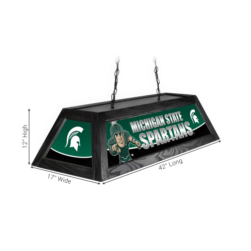 Alternate angled view of the Michigan State Spartans 42-inch hanging pool table light, showing the team-branded decorative panels, black fixture frame, suspension chains, and product dimension markings.