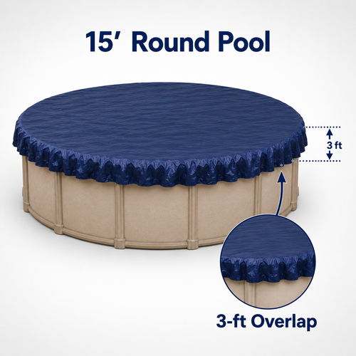 15' round above-ground pool with a dark navy winter cover shown with a 3-ft overlap callout, including a close-up inset highlighting how the cover extends down over the pool wall for added coverage.