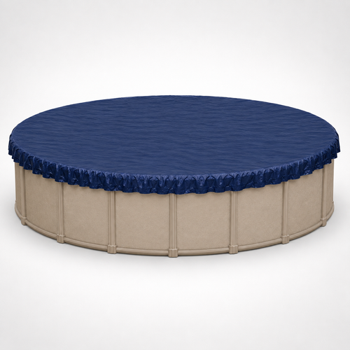 21' round above-ground swimming pool shown with a blue winter pool cover installed, displaying the cover’s fit and finished appearance around the pool.
