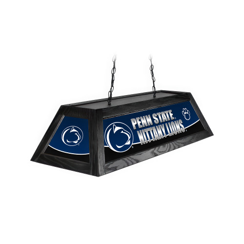 Angled product view of the Penn State Nittany Lions 42-inch hanging billiard table light, featuring a black frame, navy-and-white team graphics, Penn State logos, and ceiling suspension chains.