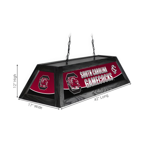Alternate angled view of the South Carolina Gamecocks 42-inch hanging pool table light, showing the team-branded decorative panels, black fixture frame, suspension chains, and product dimension markings.