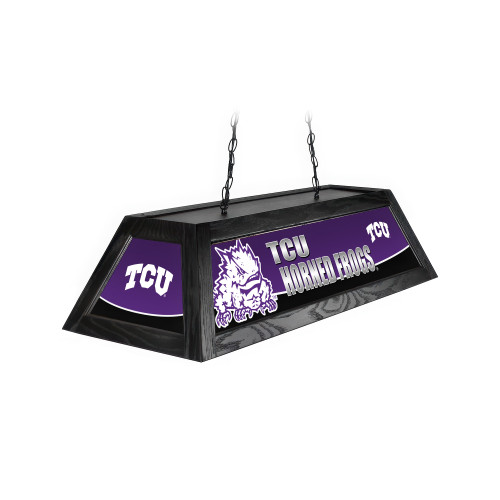 Angled product view of the TCU Horned Frogs 42-inch hanging billiard table light, featuring a black frame, purple-and-white team graphics, TCU logos, and ceiling suspension chains.