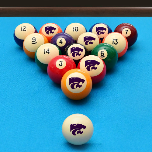 Kansas State Wildcats billiard balls arranged in a triangle rack on blue pool table felt, featuring purple Powercat graphics with a coordinating Kansas State cue ball positioned in the foreground.