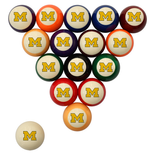 Complete Michigan Wolverines billiard ball set displayed on a white background, featuring traditional solid and striped colors with maize block “M” graphics and a coordinating team-branded cue ball.