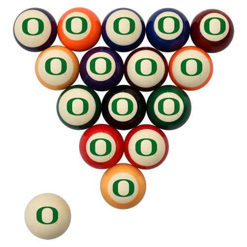 Complete Oregon Ducks billiard ball set displayed on a white background, featuring traditional solid and striped colors with green Oregon “O” graphics and a coordinating team-branded cue ball.