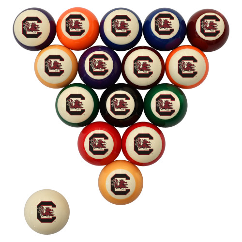 Complete South Carolina Gamecocks billiard ball set displayed on a white background, featuring traditional solid and striped colors with garnet-and-black Gamecocks “C” logo graphics and a coordinating team-branded cue ball.