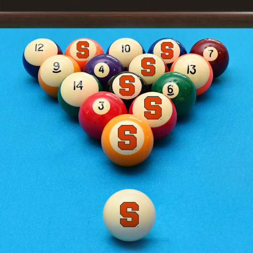 Syracuse Orange billiard balls arranged in a triangle rack on blue pool table felt, featuring orange block “S” graphics with a coordinating Syracuse cue ball positioned in the foreground.