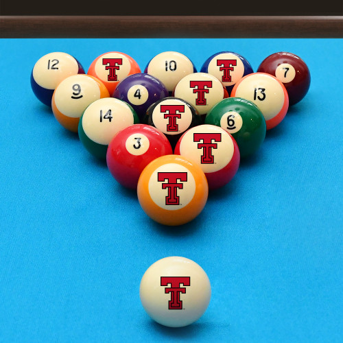 Texas Tech Red Raiders billiard balls arranged in a triangle rack on blue pool table felt, featuring red-and-black Double T graphics with a coordinating Texas Tech cue ball positioned in the foreground.