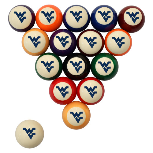 Complete West Virginia Mountaineers billiard ball set displayed on a white background, featuring traditional solid and striped colors with navy Flying WV graphics and coordinating team-branded cue balls.