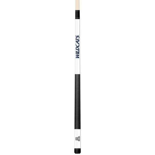Full-length vertical product view of the Arizona Wildcats 19oz White Laser Etched 58-inch Cue on a white background, highlighting the white team-branded section, red-and-blue Wildcats graphics, black grip, and natural wood-colored shaft.