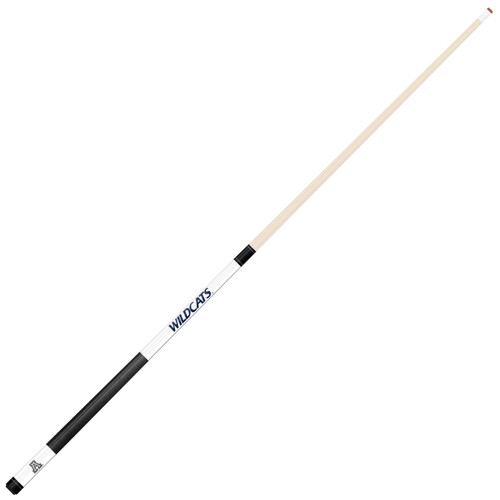 Angled full-length view of the Arizona Wildcats white laser-etched billiard cue, showcasing the natural wood-colored shaft, red-and-blue team branding, white design section, and contrasting black grip.
