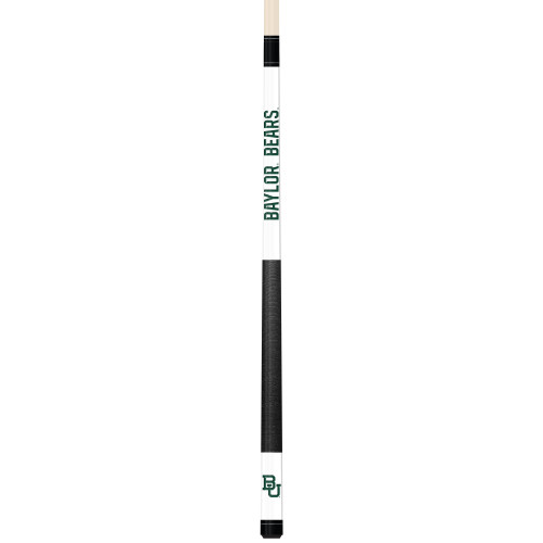Full-length vertical product view of the Baylor Bears 19oz White Laser Etched 58-inch Cue on a white background, highlighting the white team-branded section, green-and-gold Baylor graphics, black grip, and natural wood-colored shaft.