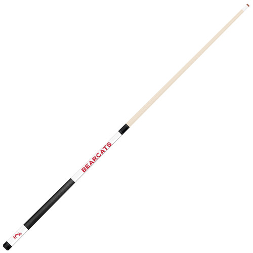 Angled full-length view of the Cincinnati Bearcats white laser-etched billiard cue, showcasing the natural wood-colored shaft, red-and-black team branding, white design section, and contrasting black grip.