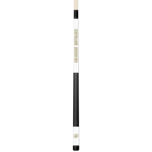 Full-length vertical product view of the Colorado Buffaloes 19oz White Laser Etched 58-inch Cue on a white background, highlighting the white team-branded section, black-and-gold Colorado graphics, black grip, and natural wood-colored shaft.